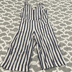Blue and White Striped Linen Cropped Jumpsuit Size L